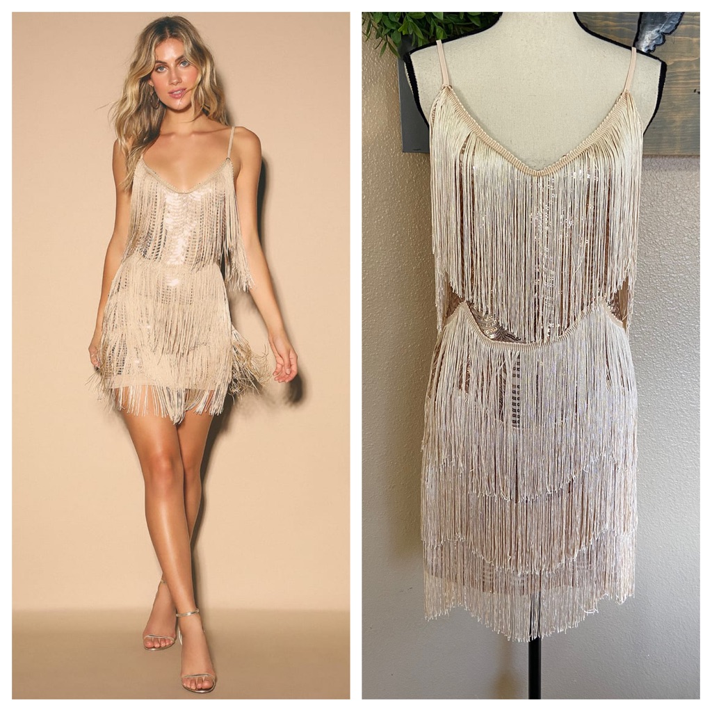 Lulus Get in the Groove Champagne Sequin Fringe Bodycon Dress